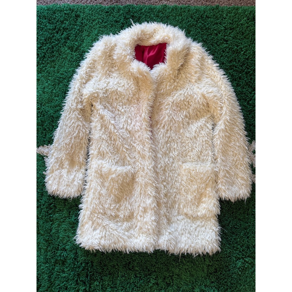 Cream Shaggy Faux Fur Coat Long Pile Red Lining Open Front Jacket Pockets